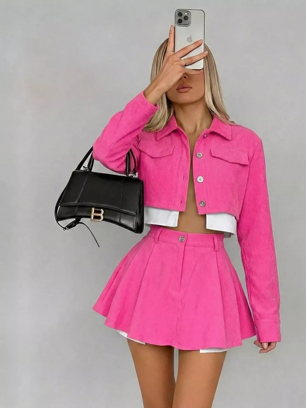 Button Up Cropped Jacket and Mini Skirt Set