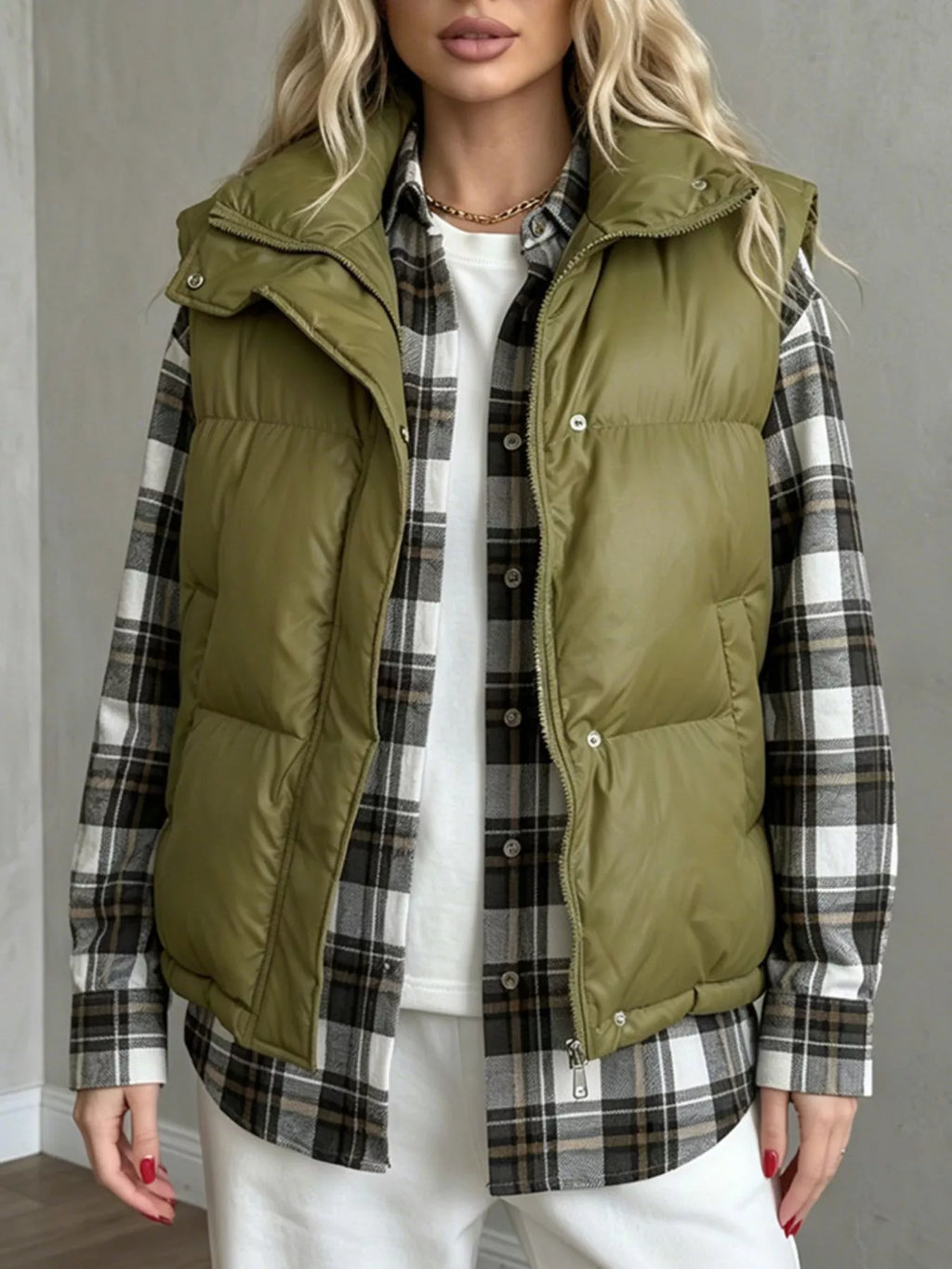 Snap-Button Placket Quilted Puffer Vest Coat