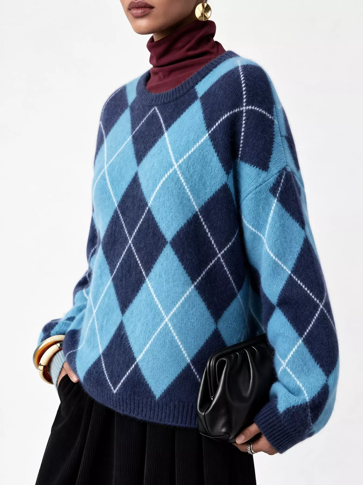 Argyle Pattern Fuzzy Knit Sweater