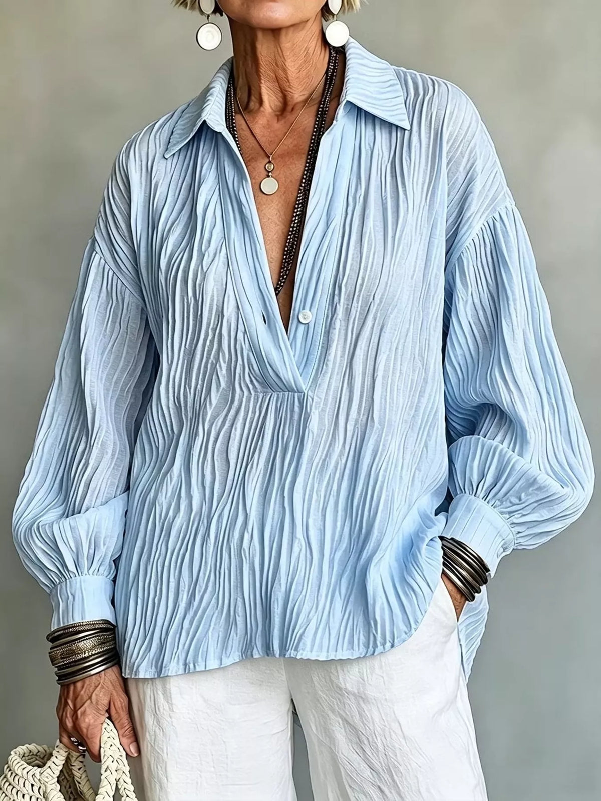 Full Size Texture Long Sleeve Blouse Plus Size