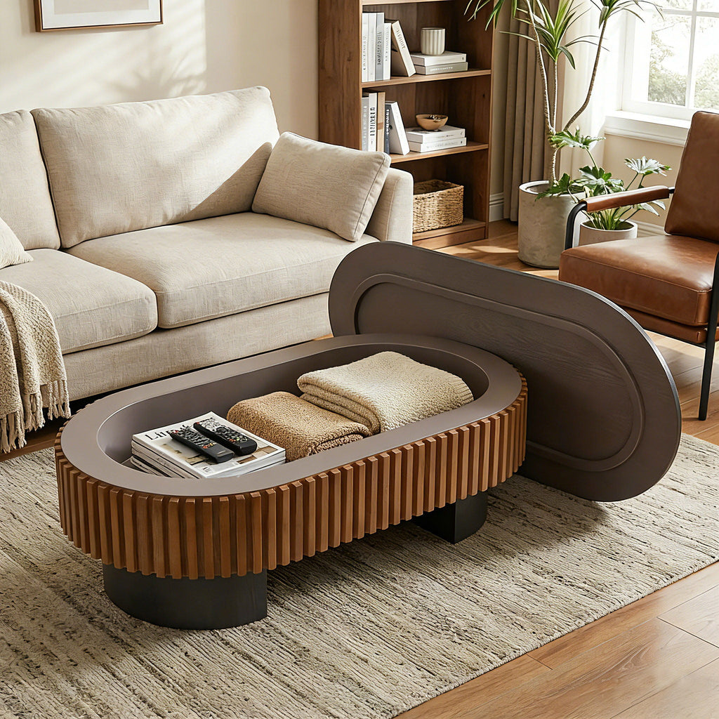 Elliptical Living Room Coffee Table With Hidden Storage And Removable Tabletop