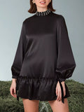 Pearl-Embellished Mock Neck Ruffle Hem Dress