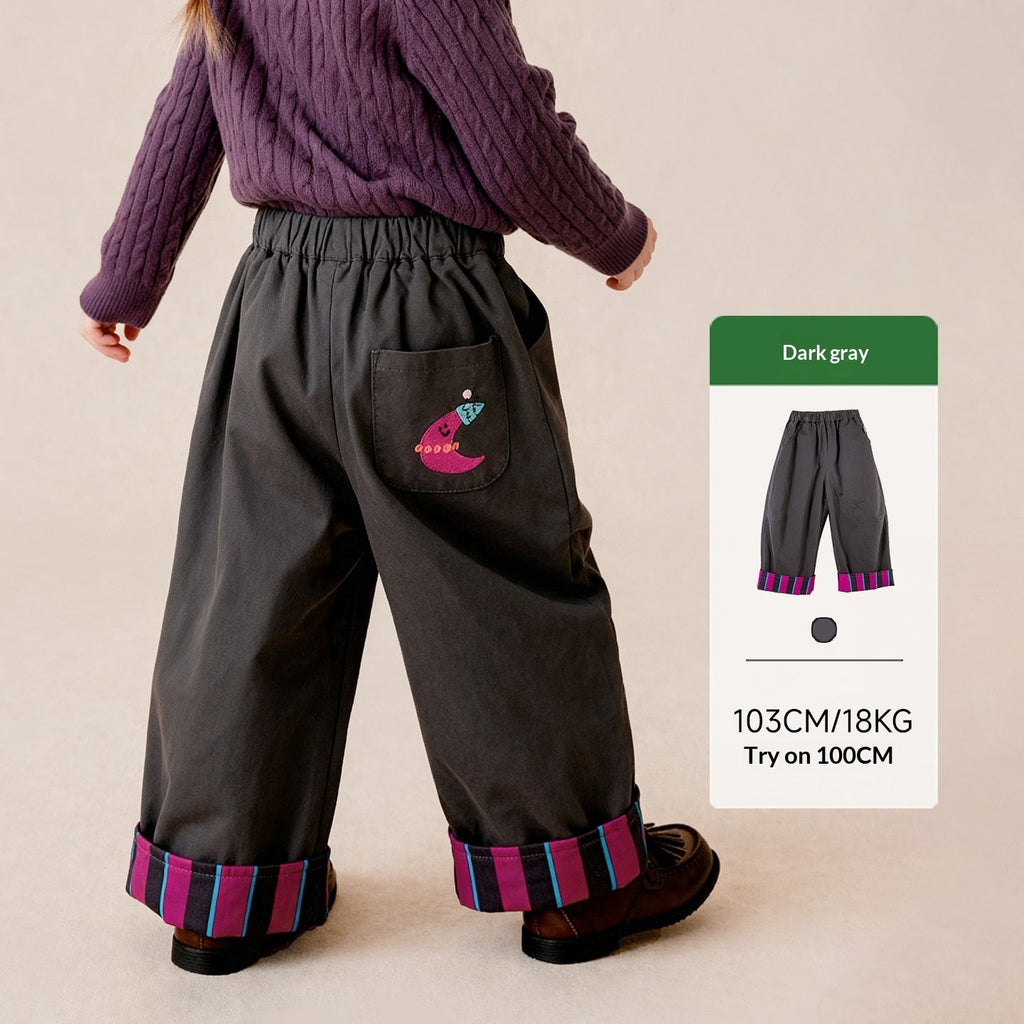 Casual Pants With Embroidered Stripes And Rolled Hem Long-length Trousers