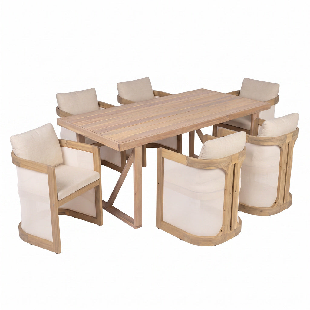 7‑Piece Acacia Wood Patio Dining Set, 67" Rectangular Slatted Table A‑Frame Legs Light