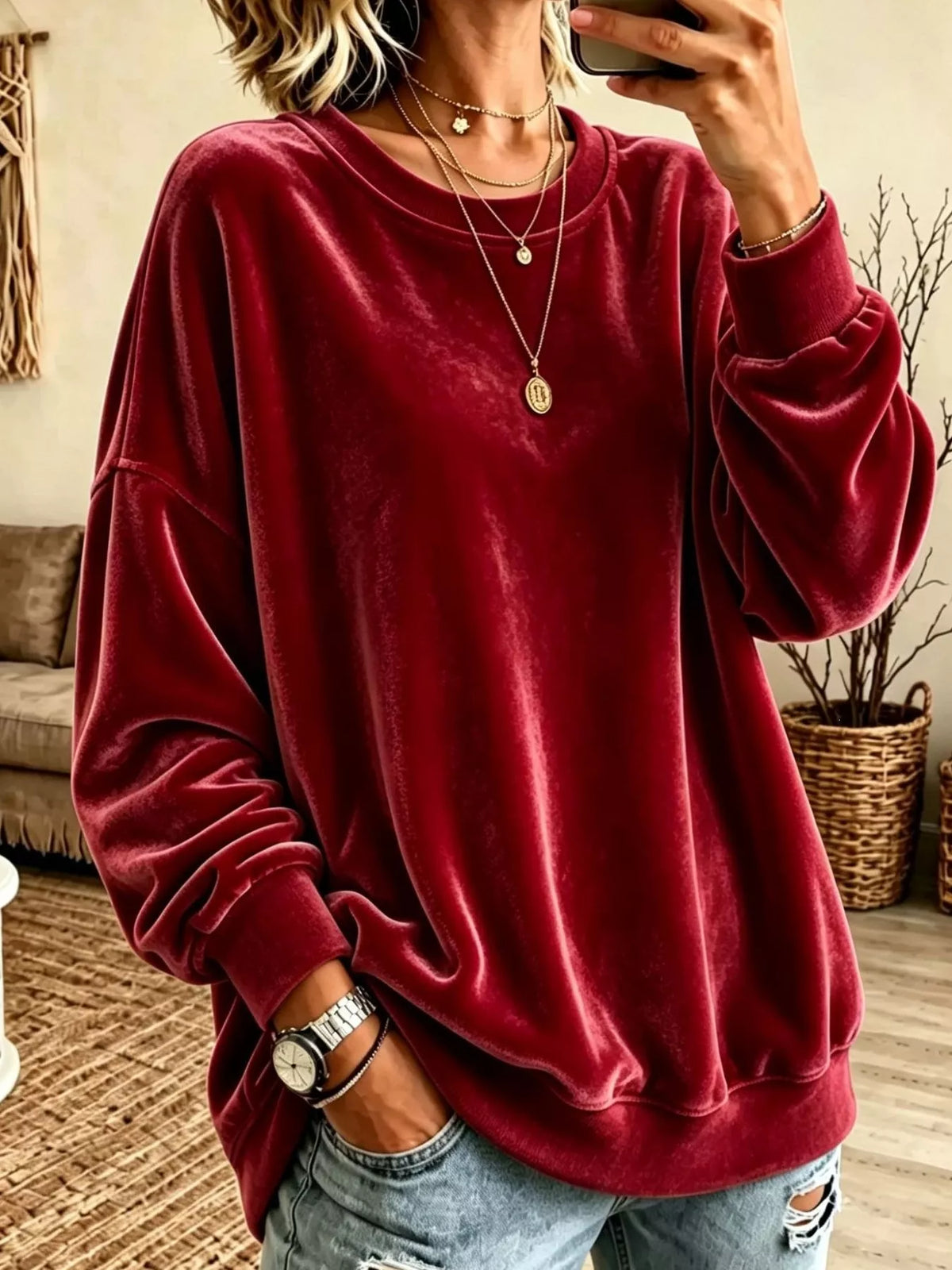 Full Size Solid Color Crew Neck Sweatshirt Plus Size