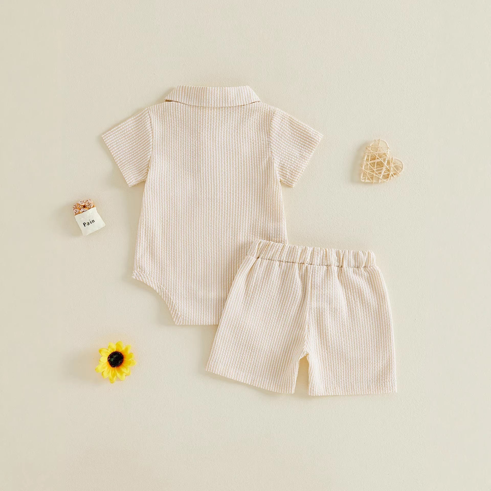 Simple And Casual Waffle-knit Polo-neck Short-sleeve Romper And Shorts Set