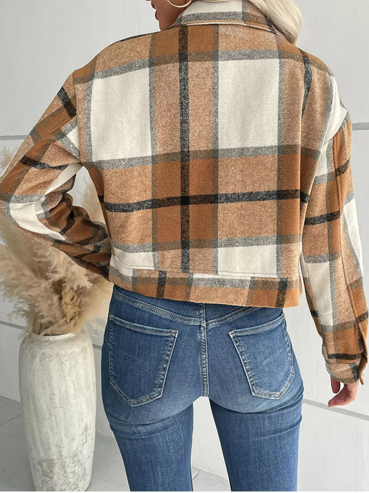 Plaid Button-Front Cropped Jacket