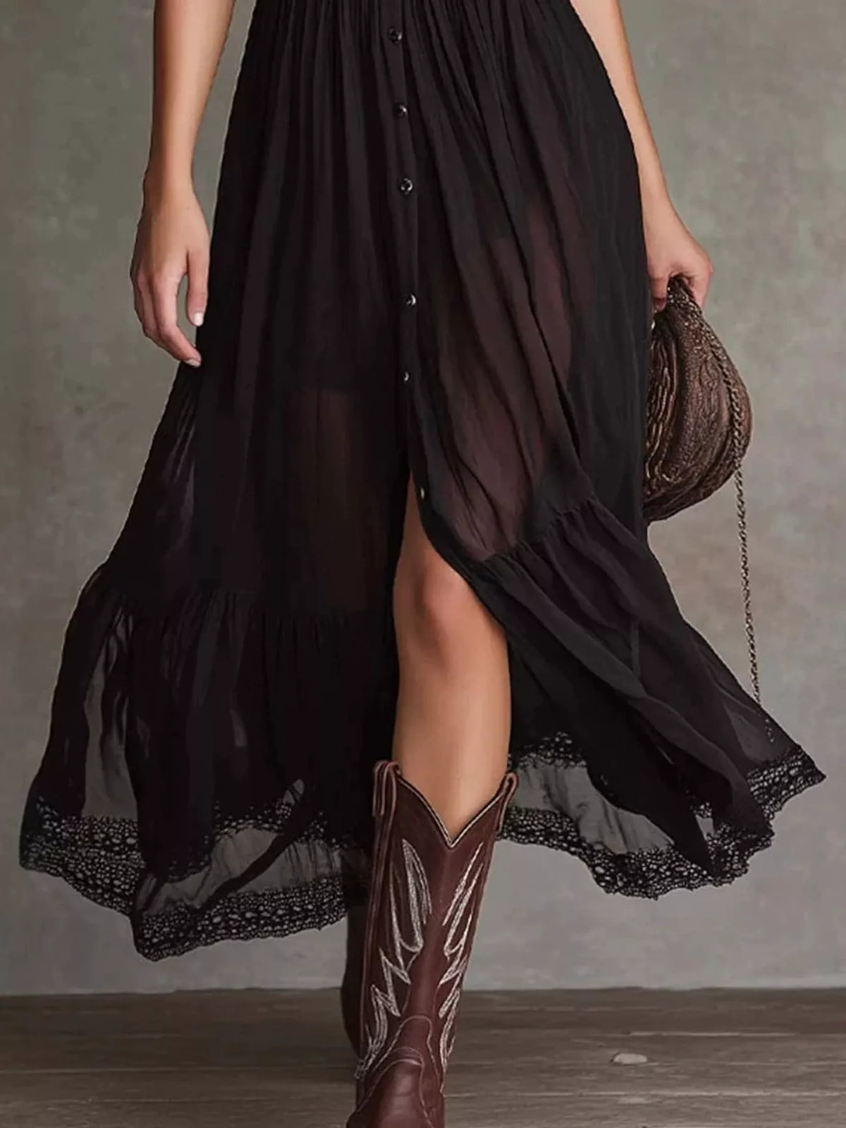 Button-Down Midi Dress with Lace Trim