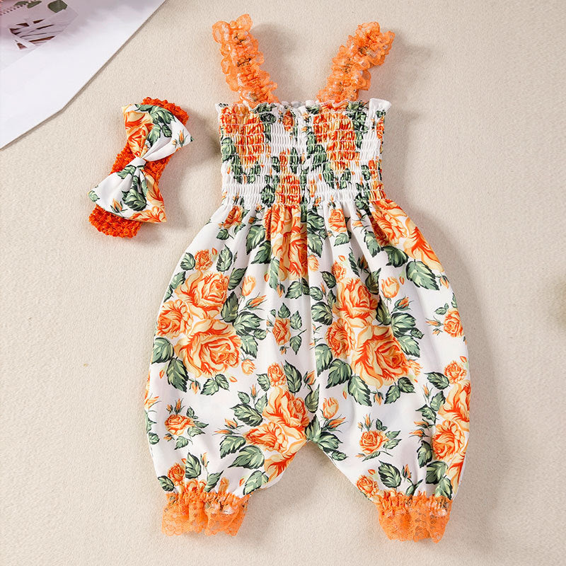 Infant And Toddler Clothing Suspender Top With Waist Tie, Printed Bloomers, Two-piece Set