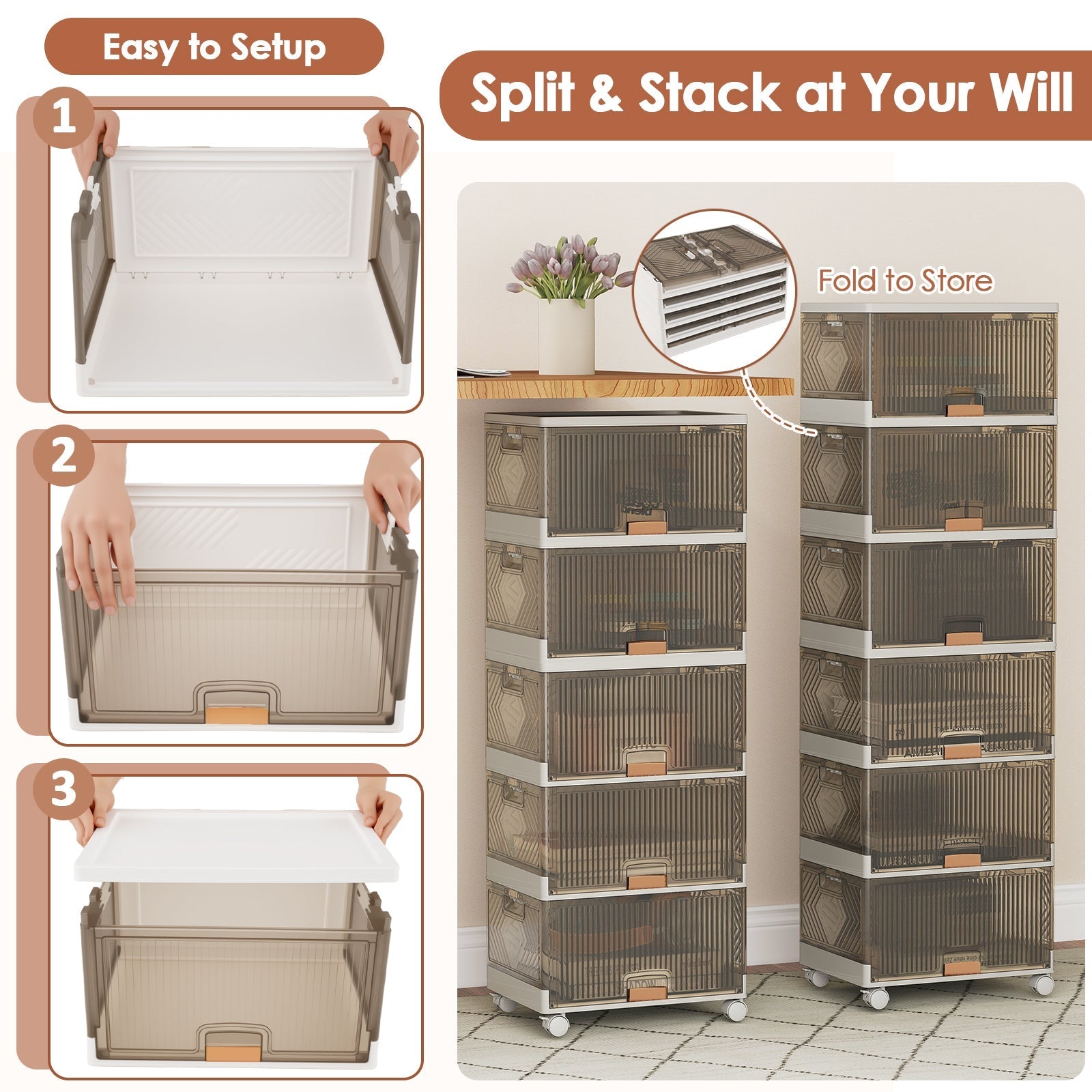 3/4/5/6-Cube Stackable Storage Bins with Detachable Wheels