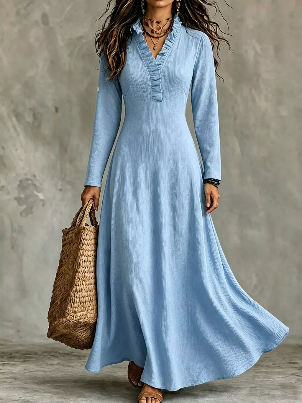 Full Size V-Neck Maxi Dress with Roll-Up Sleeves Plus Size