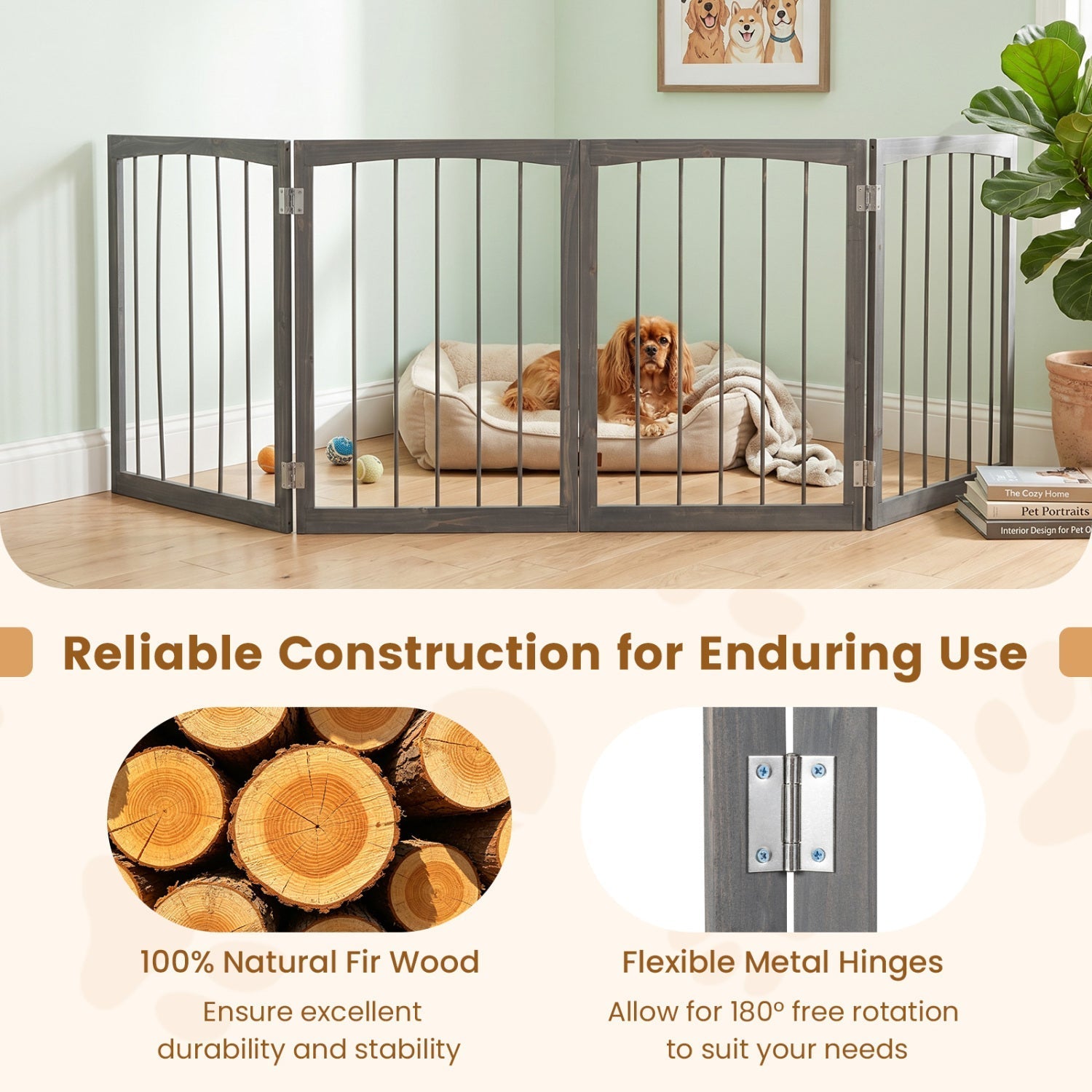 4-Panel Wooden Pet Gate 83" x 30" Freestanding Dog Fence