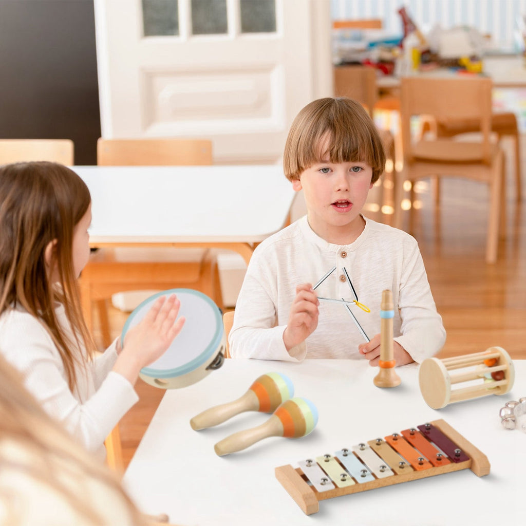 8Pcs Toddler Musical Toys Wooden Montessori Musical Instruments with Xylophone Tambourine Maracas for Boys Girls Aged 3 4 5 Years Old