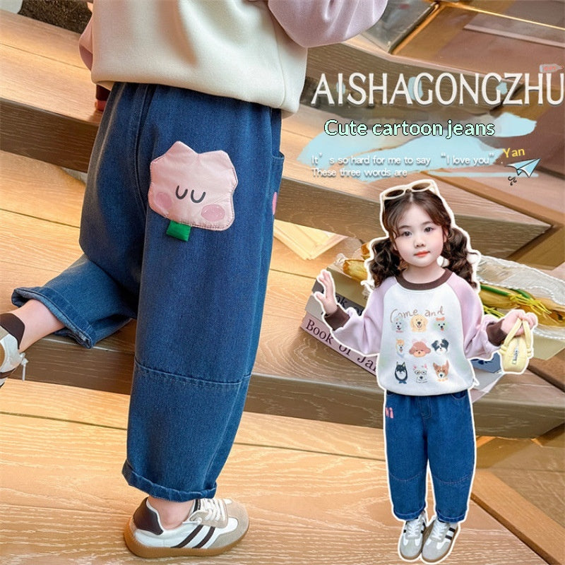 Girls Polyester Fiber Cartoon Pocket Jeans