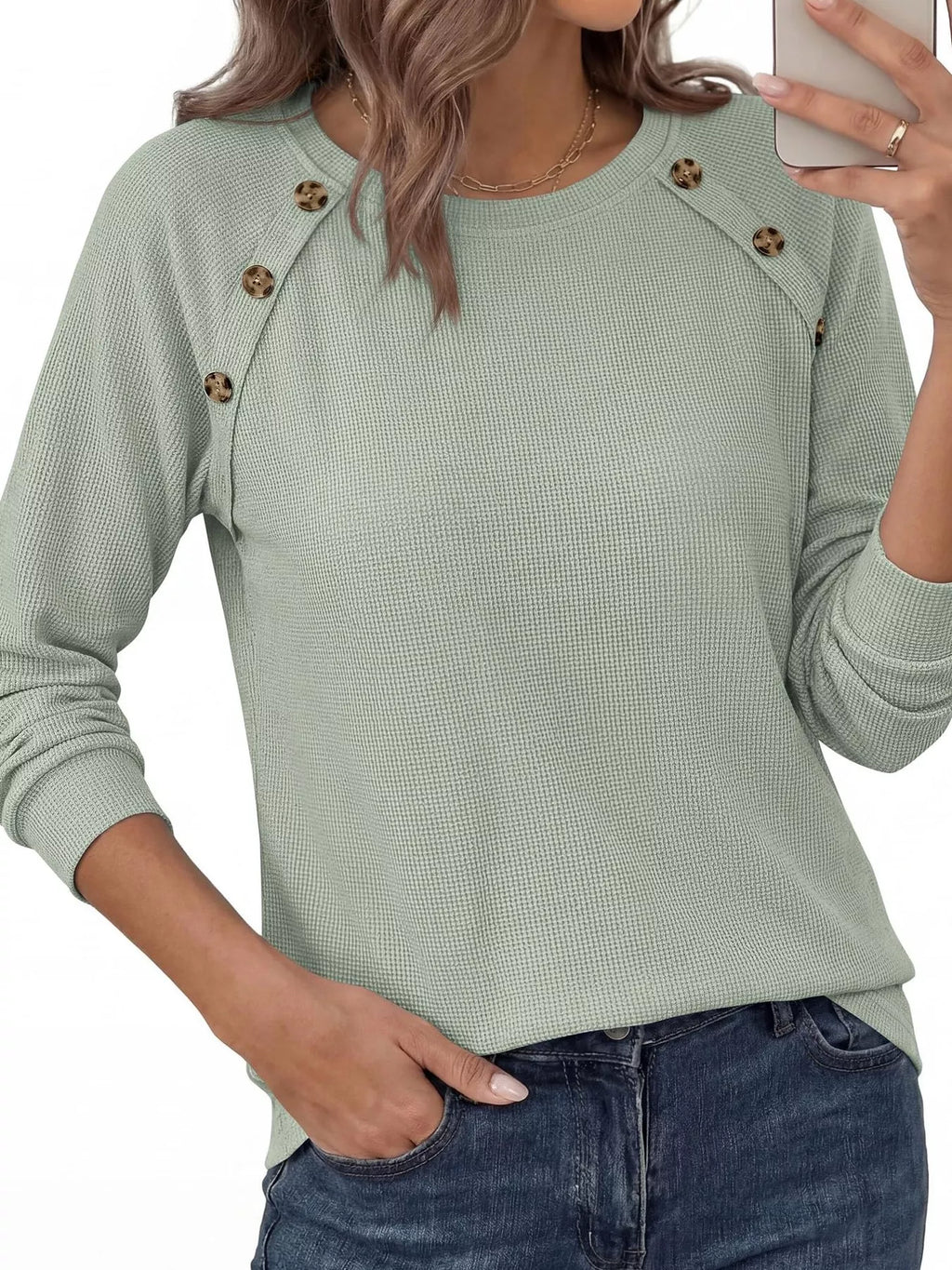 Decorative Button Waffle Knit Long Sleeve T-Shirt