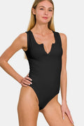 Notched Neck Sleeveless Microfiber Bodysuit
