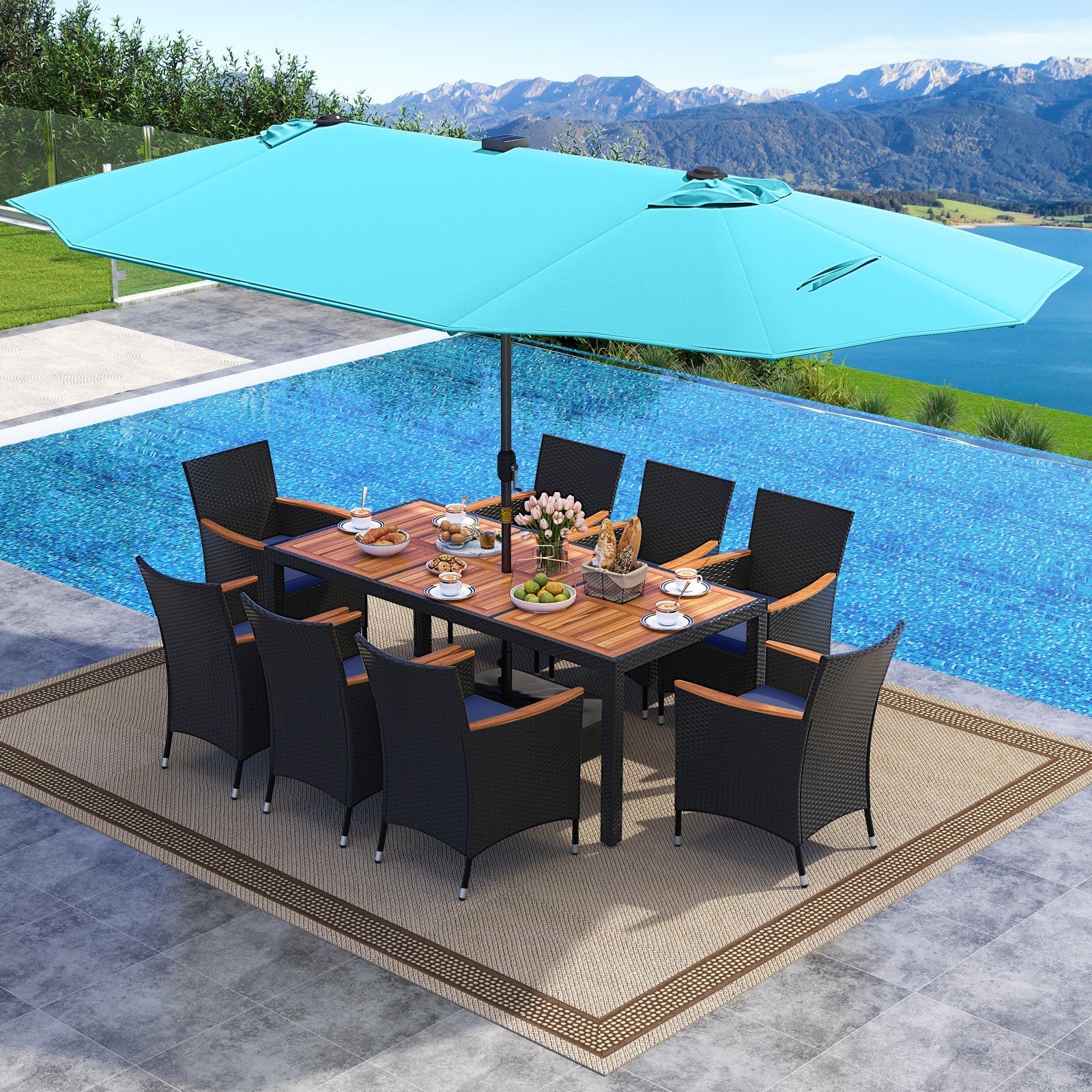11 Pieces Patio Dining Set with LED Patio Umbrella with Base and Seat Cushions (Navy)