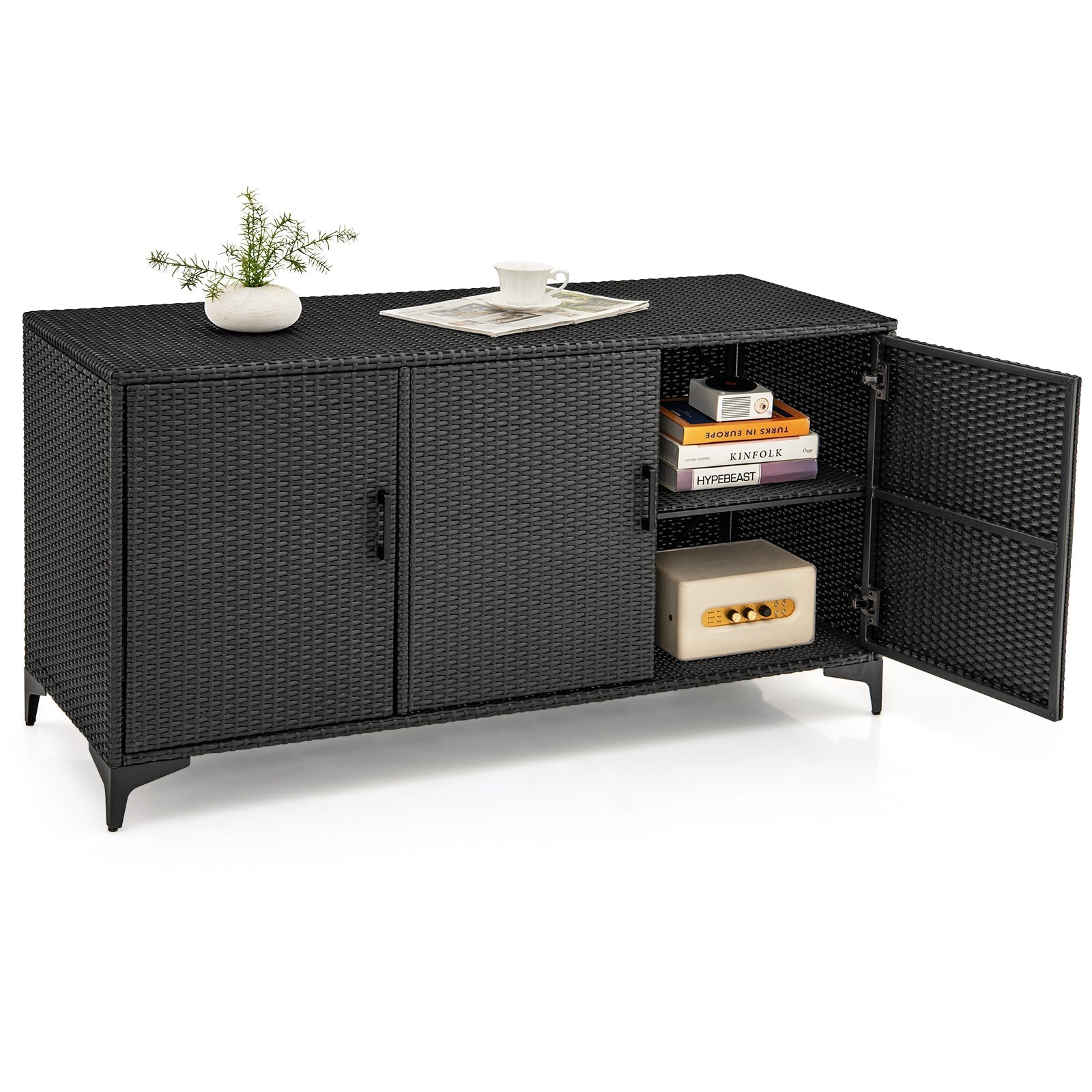 84 Gallon Patio Wicker Deck Box 3-Door PE Rattan Storage Container with Removable Shelves