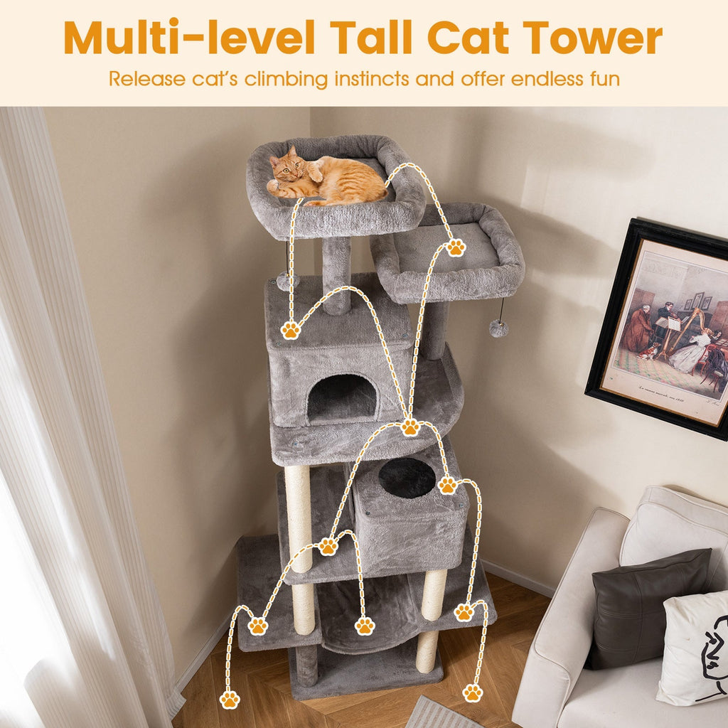 84 Inch Large Cat Tree with 2 Condos and 2 Soft Plush Perches for Indoor Cats-Gray