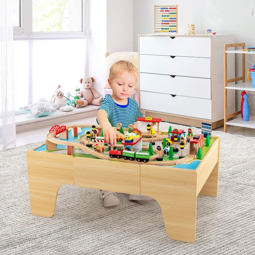 84-Piece Wooden Train and Activity Table with Reversible Top for Learning and Play