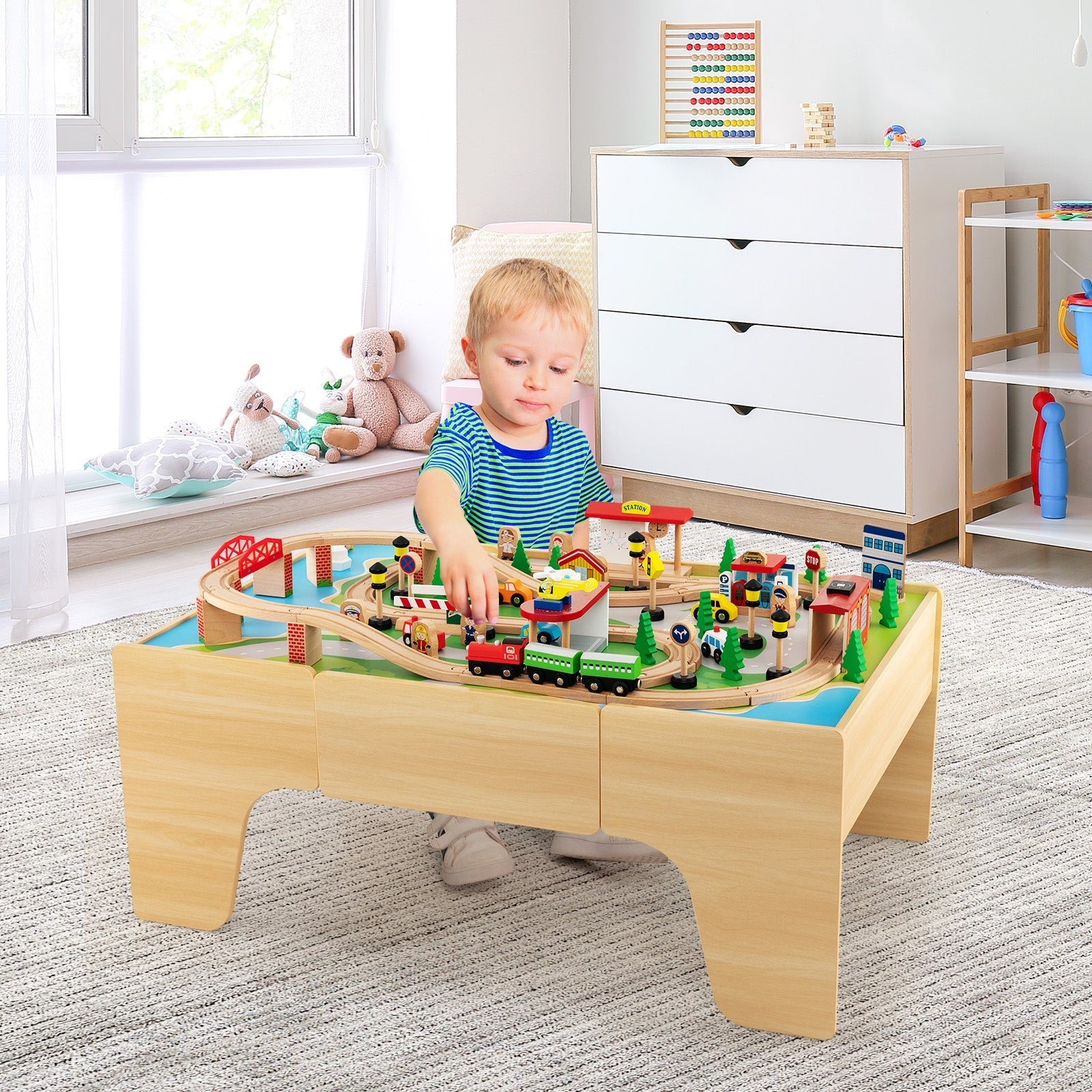 84-Piece Wooden Train and Activity Table with Reversible Top for Learning and Play