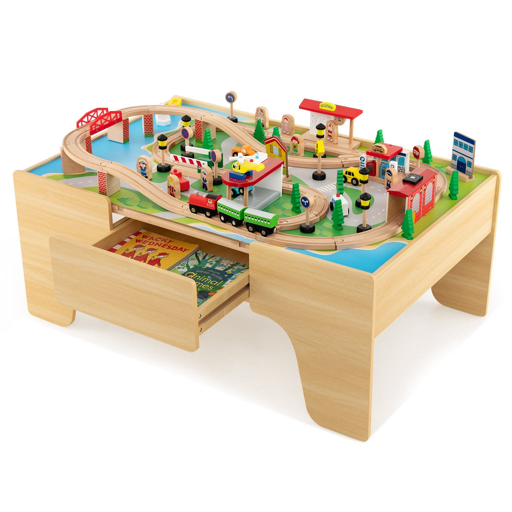 84-Piece Wooden Train and Activity Table with Reversible Top for Learning and Play
