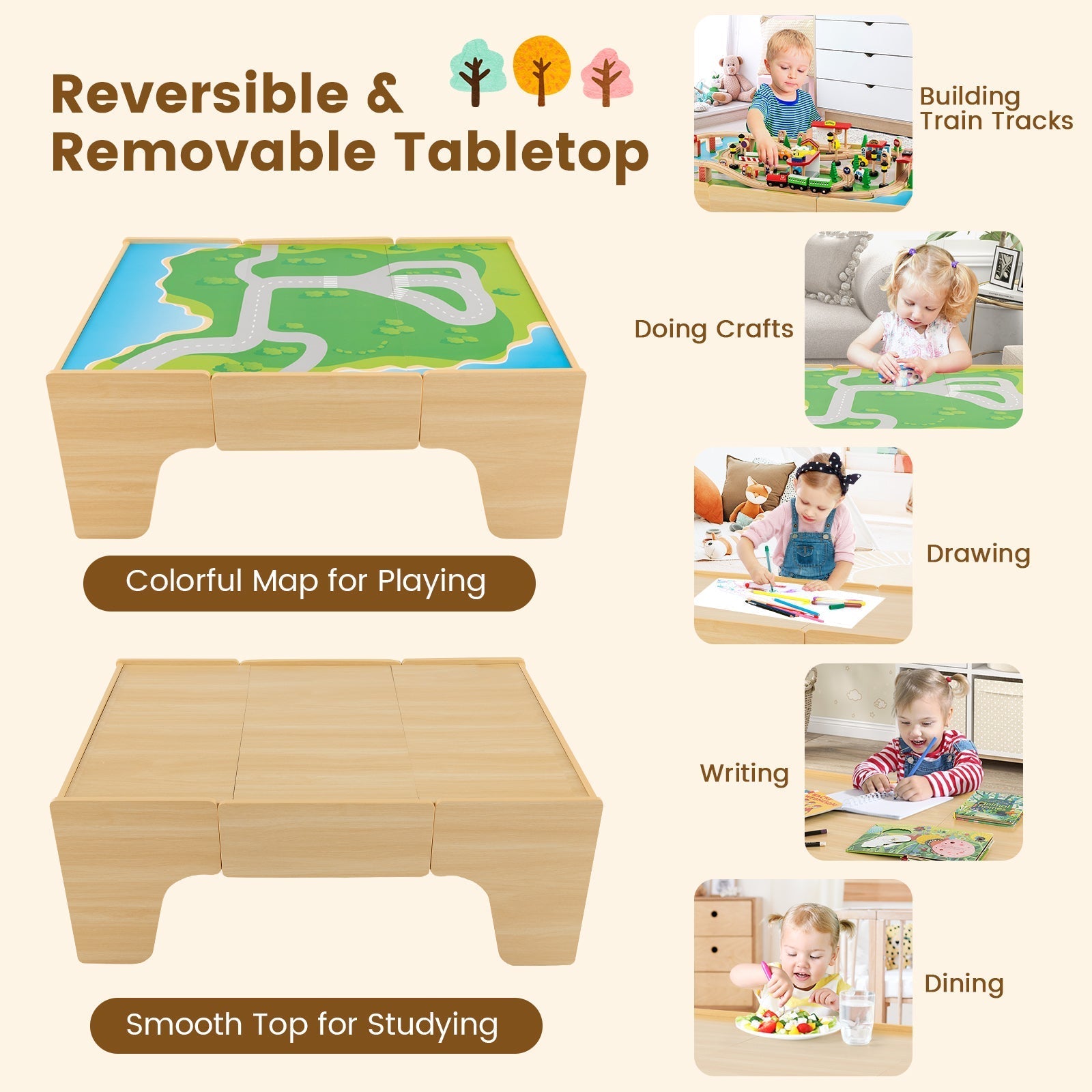 84-Piece Wooden Train and Activity Table with Reversible Top for Learning and Play