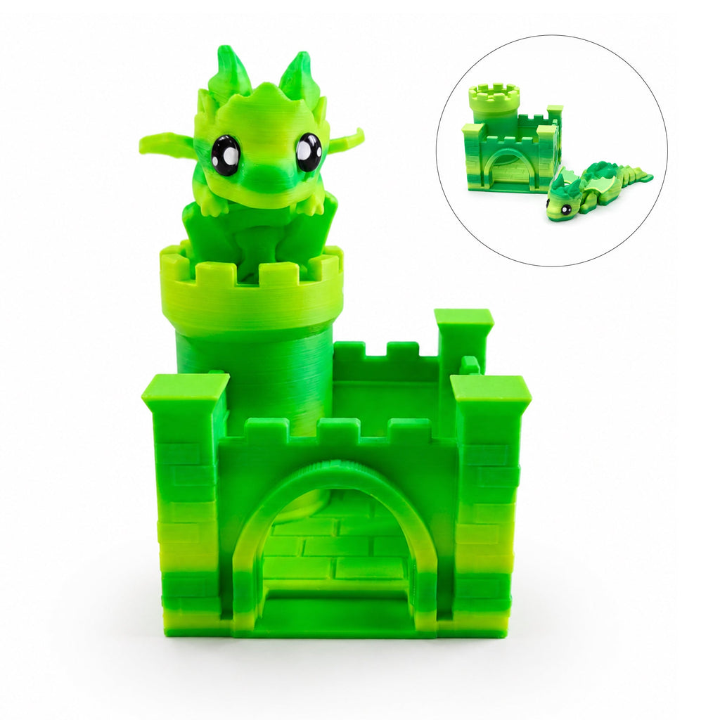 3D Printed Articulated Dragon And Castle Set, Cute Movable Flying Dragon Figure With Mini Castle, Desk Decor Fidget Toy Gift For Kids And Adults