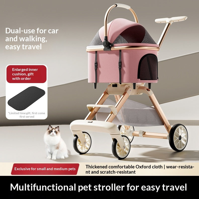 Luxury Cat Stroller With Detachable Pet Carrier, Foldable, Sturdy Alloy Frame