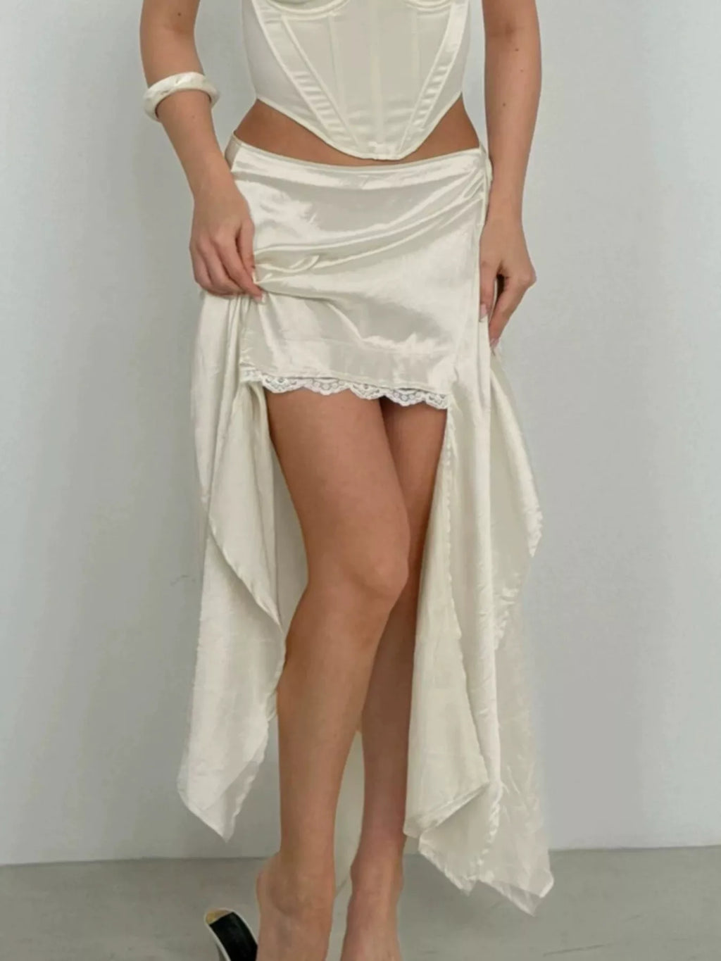 Satin High-Low Lace Trim Skirt