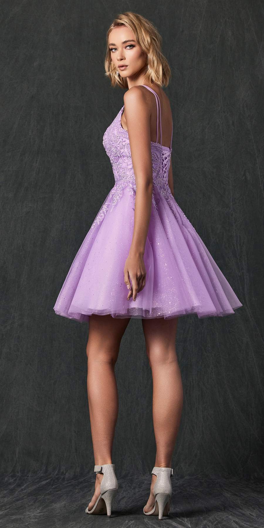 Juliet 857 Embroidered Top Short A-line Glitter Dress