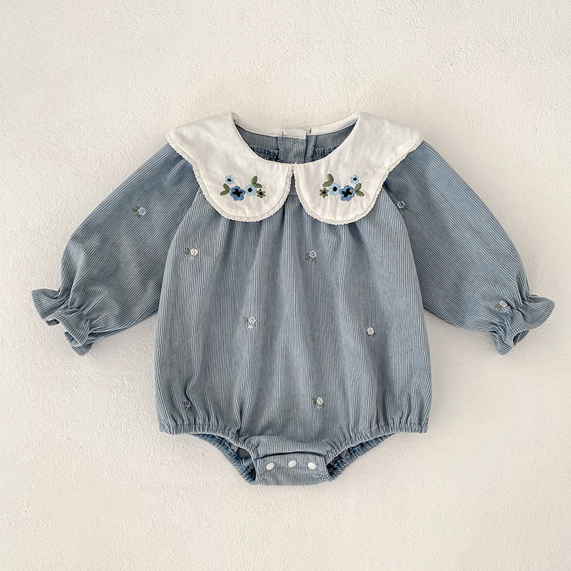 Western-style Embroidered-collar Long-sleeve Romper For Baby Girls