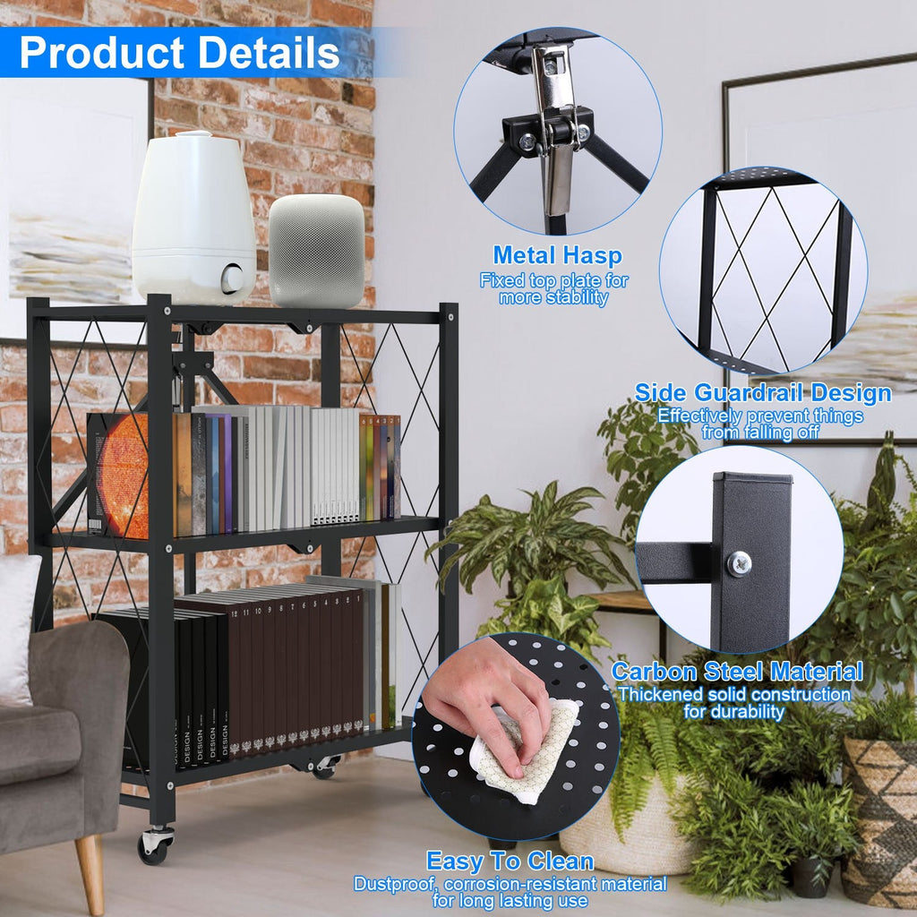 3-Tier Foldable Storage Shelf With Wheels