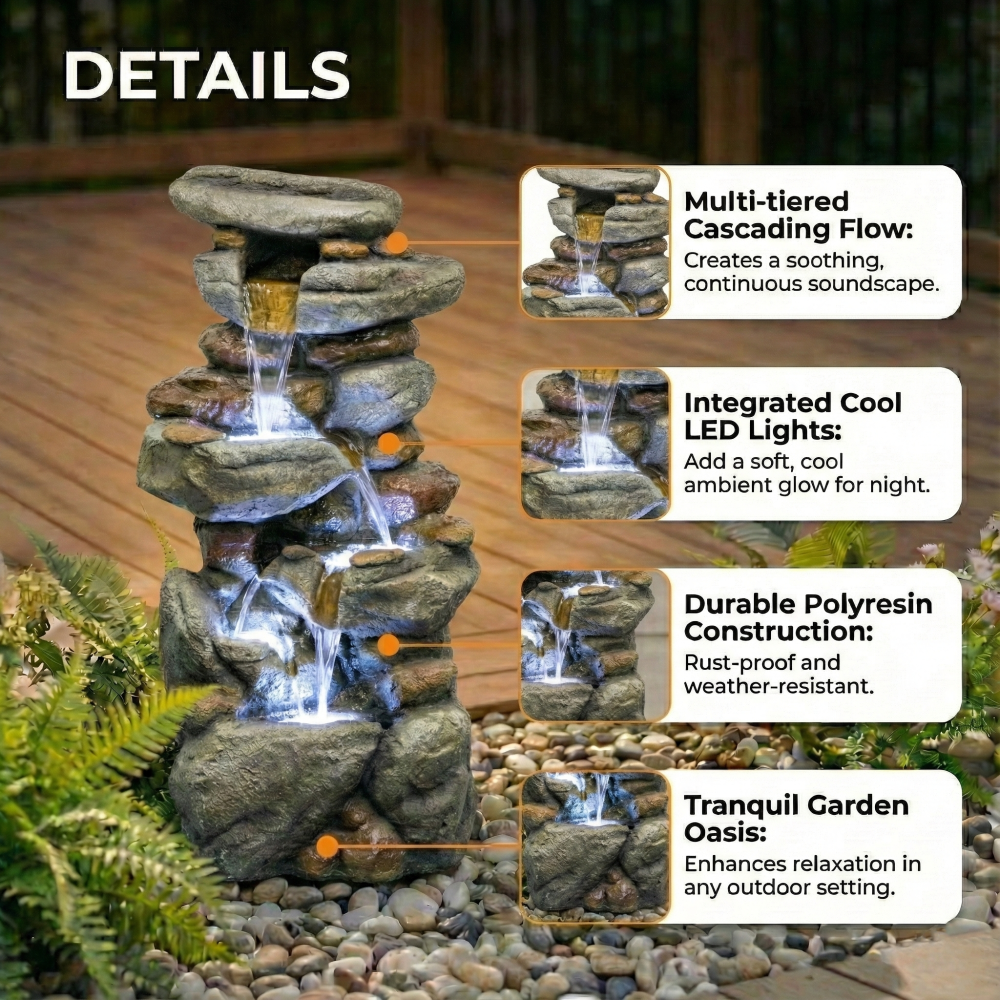 30" Large Outdoor Stone Fountain with LED Lights | Cascading Waterfall Fiberglass Resin Garden Fountain for Patio, Yard & Entryway
