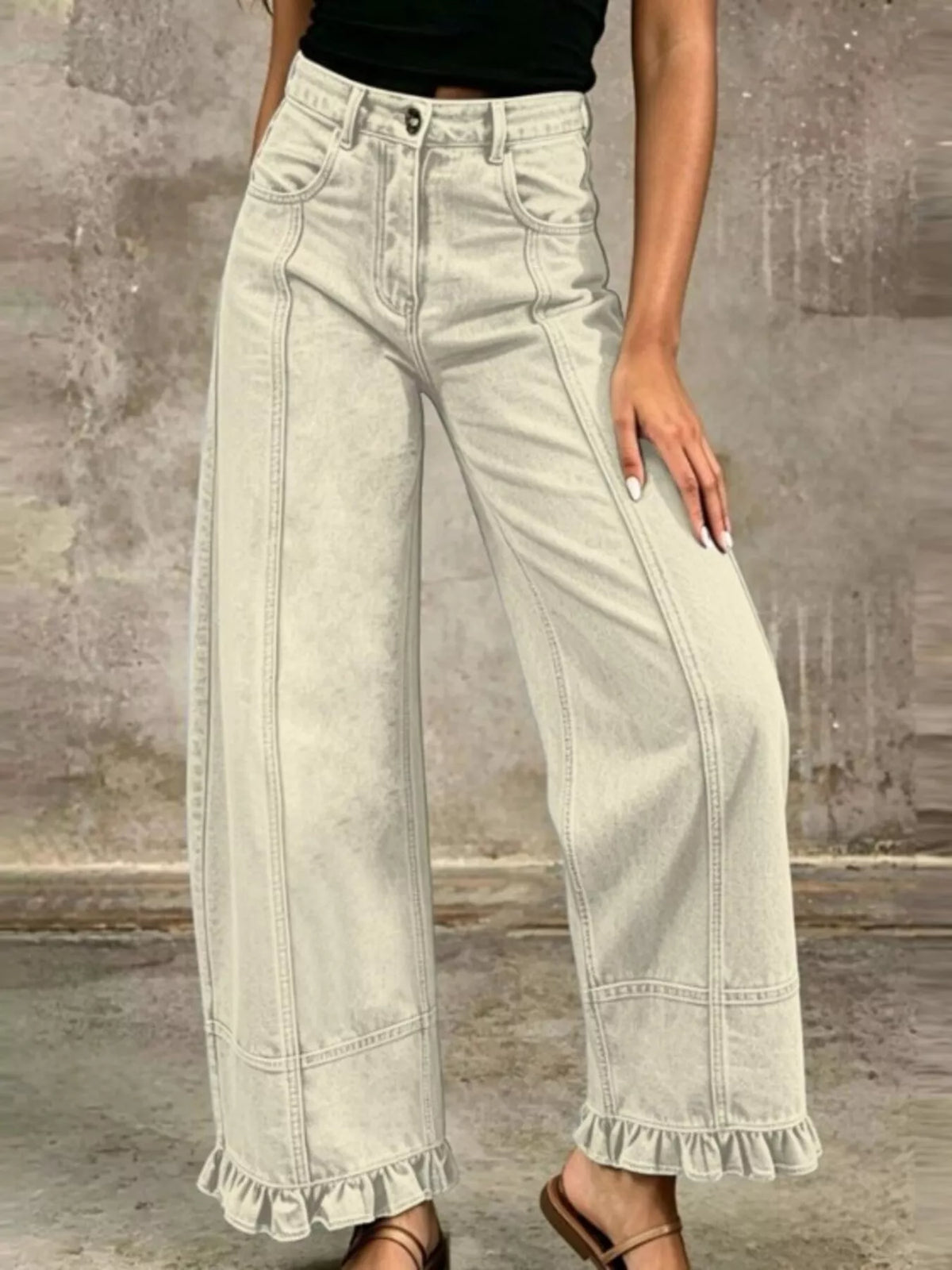 Full Size High-Waisted Wide-Leg Ruffle Hem Jeans Plus Size