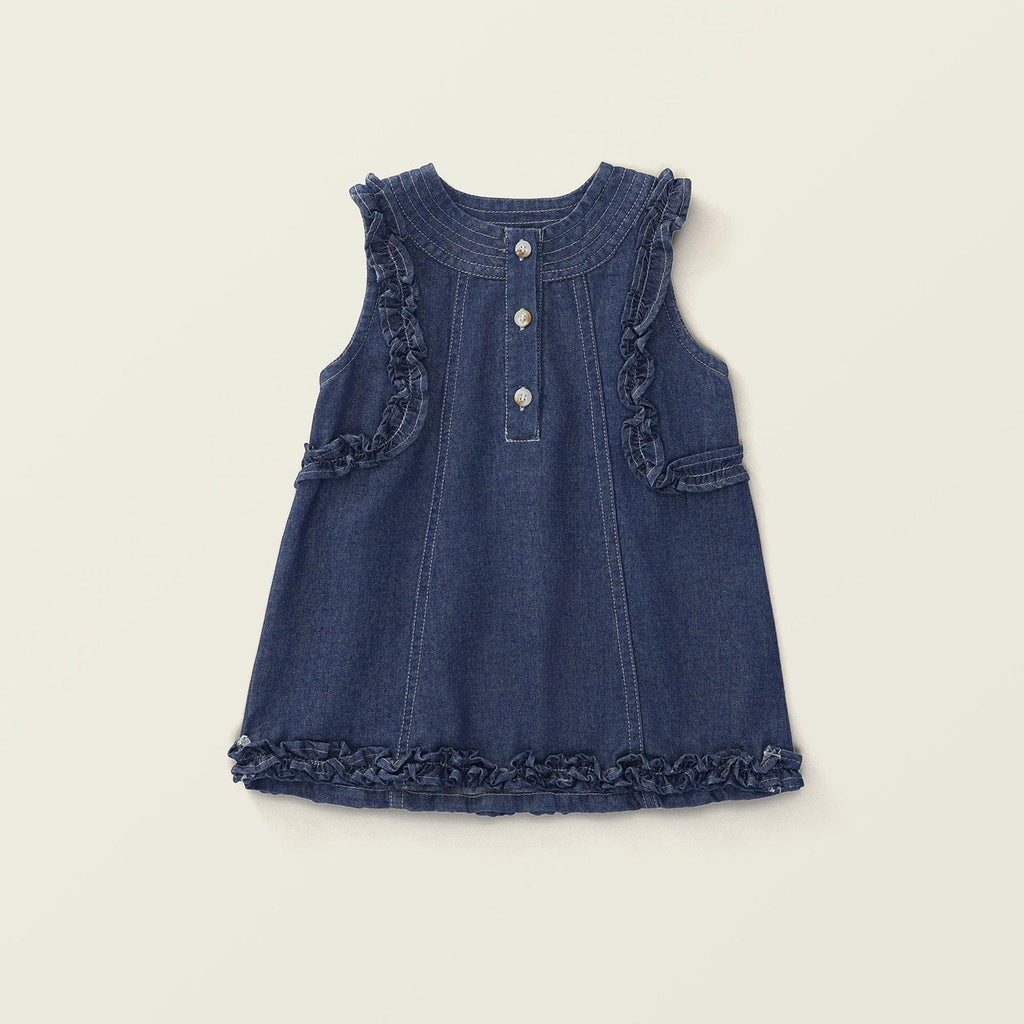 Korean-style Frilly Sleeveless Denim Dress For Girls