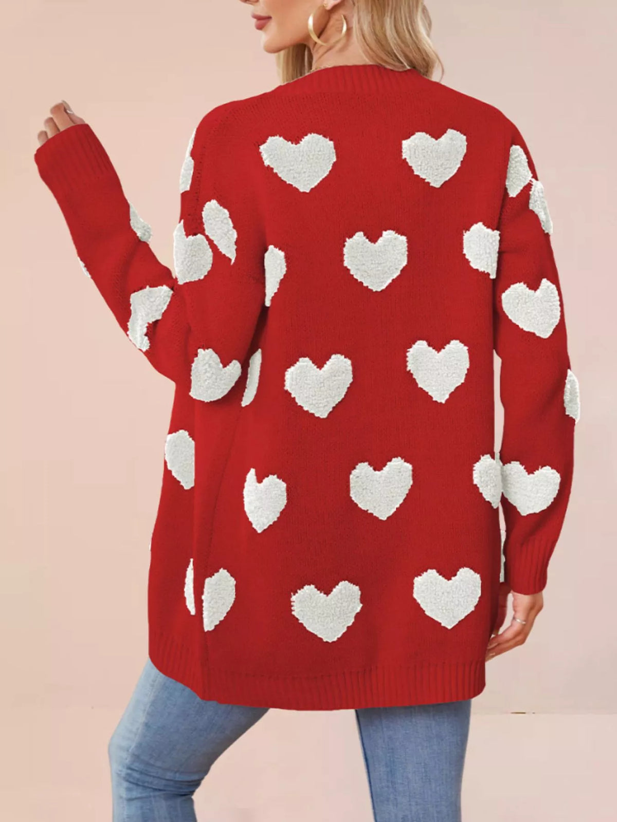 Heart Pattern V-Neck Button-Down Knit Cardigan