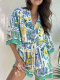 Tropical Print Collared Half Sleeve Romper