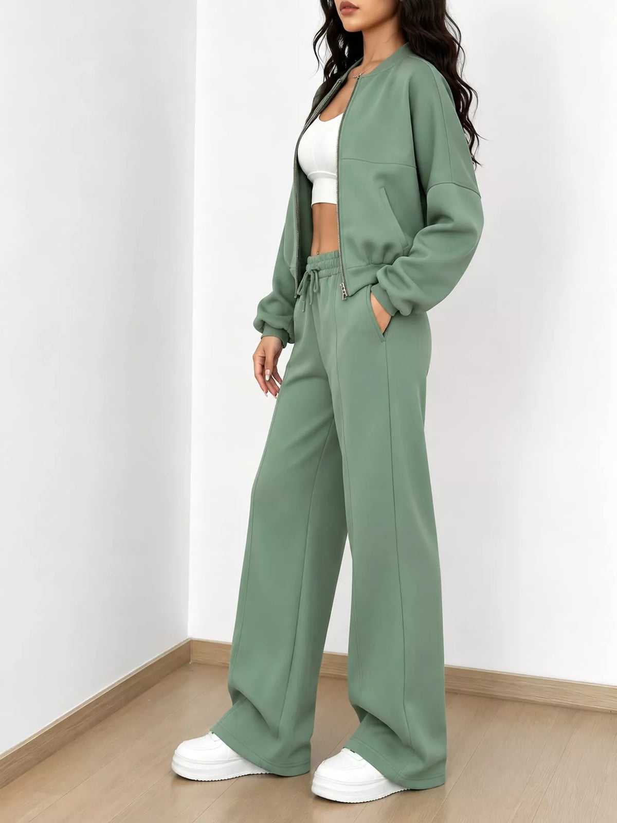 Casual Zip-Up Jacket and Wide-Leg Sweatpants Set