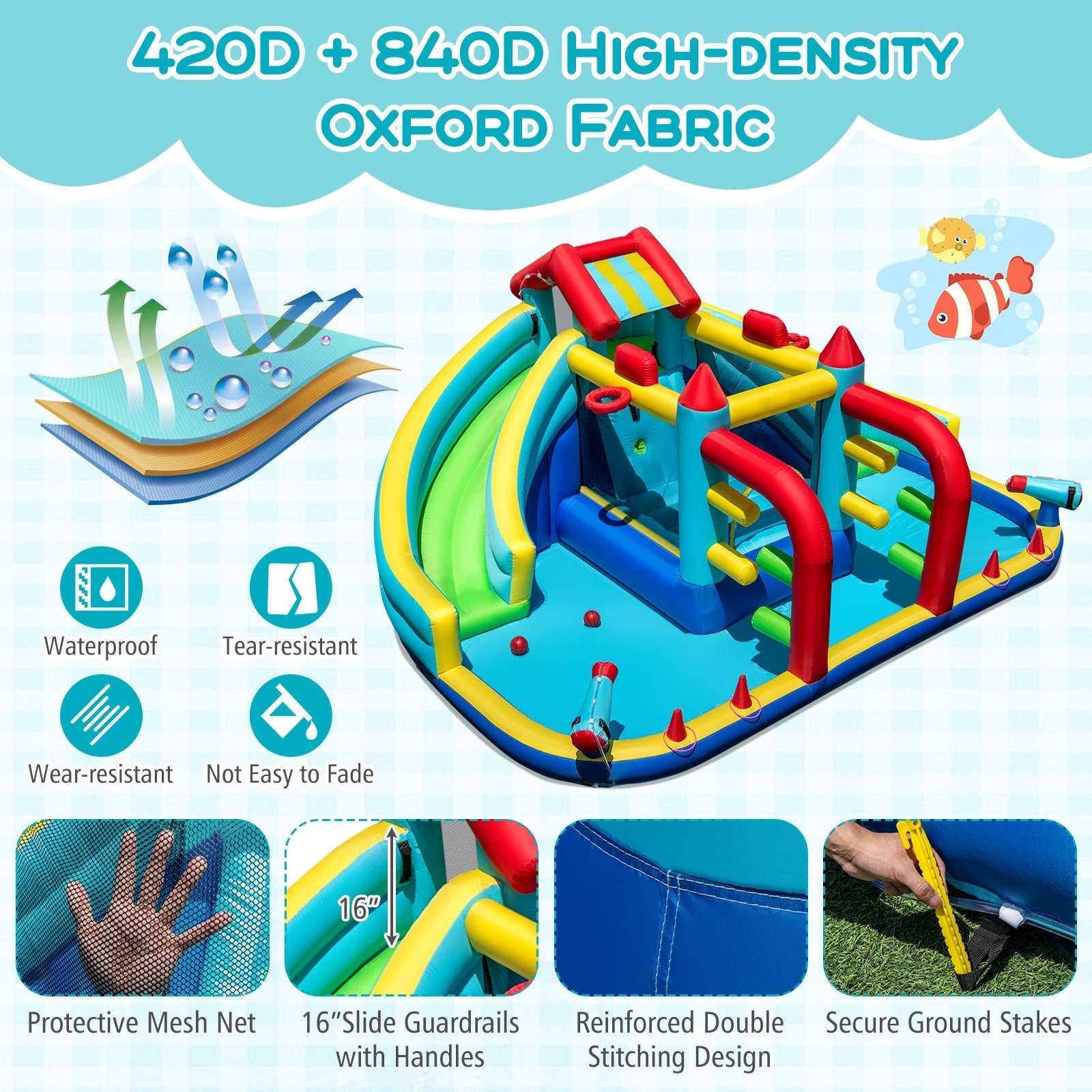 Inflatable Double Water Slide Park with Obstacle Course and 680W Blower