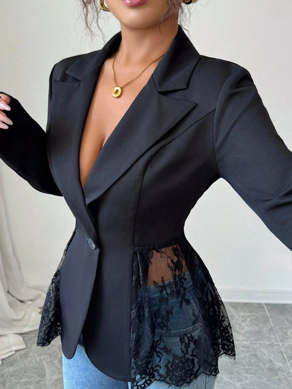 Lace Detail One Button Blazer