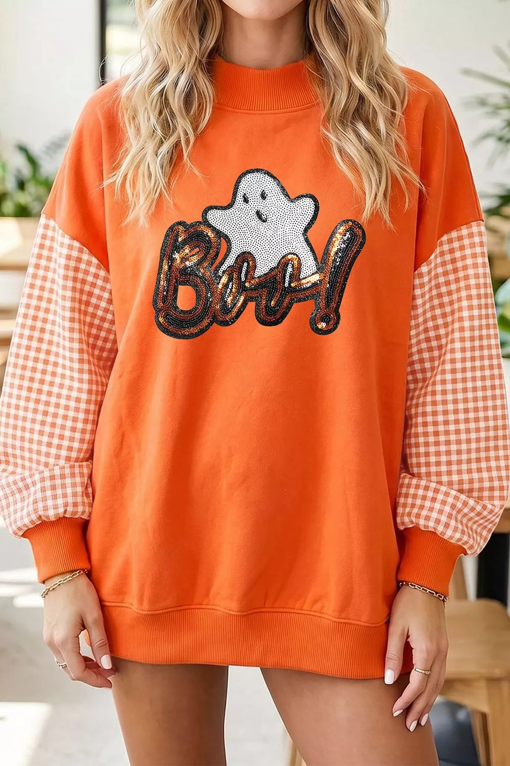 Boo Sequin Ghost Plaid Patchwork Sleeve Halloween Sweatshirt