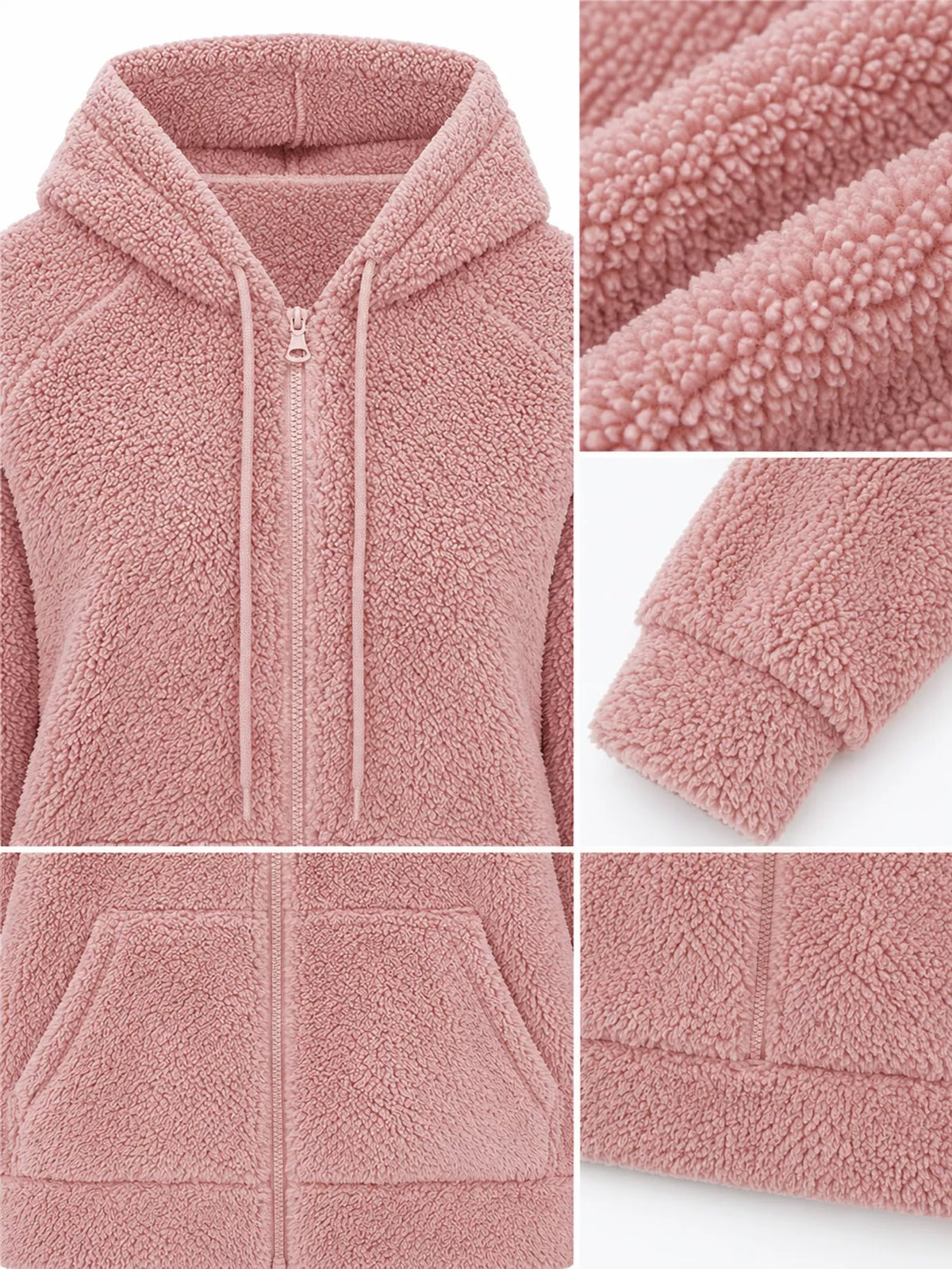 Drawstring Sherpa Zip-Up Hoodie