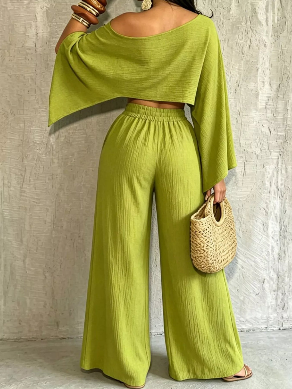 Boat Neck Crop Top and Wide-Leg Pants Set