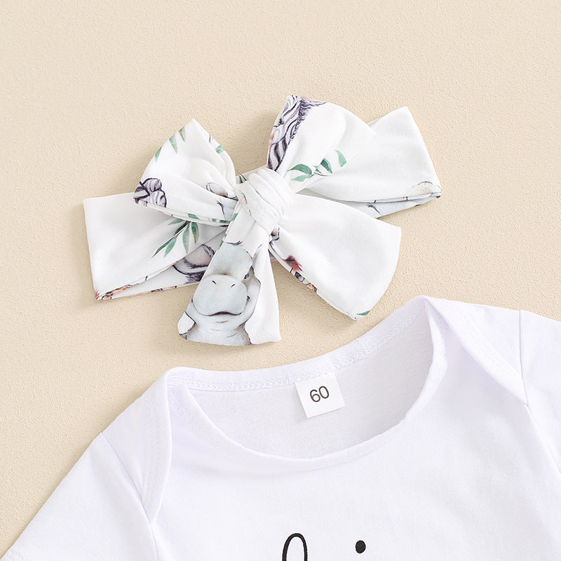 Letter-print Short-sleeve Romper Long Pants Hat And Headband Four-piece Set