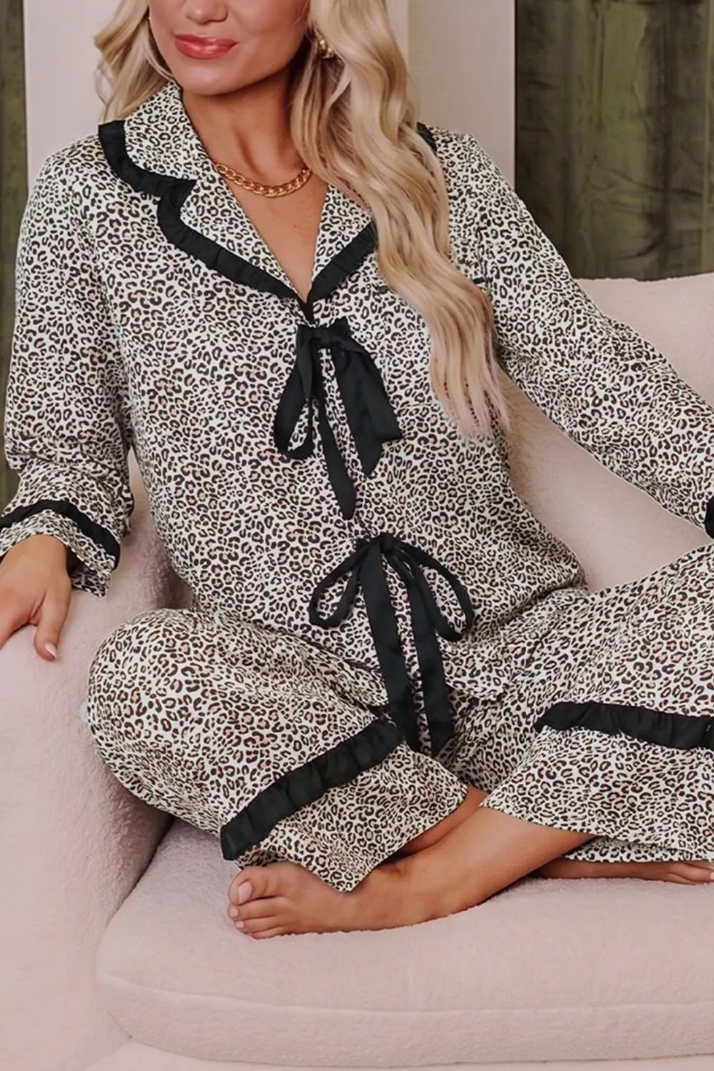 Leopard Print Bow Knot Patchwork Long Sleeve Lounge Set