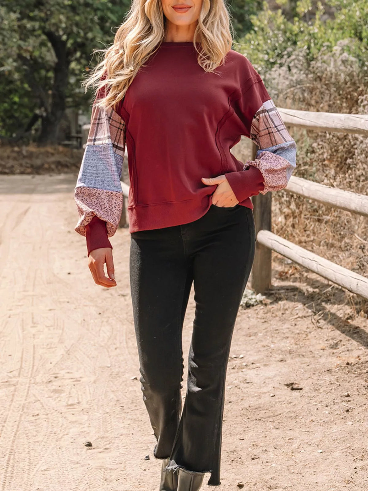 Plaid Colorblock Patchwork Sleeve Raw Seam Sweatshirt