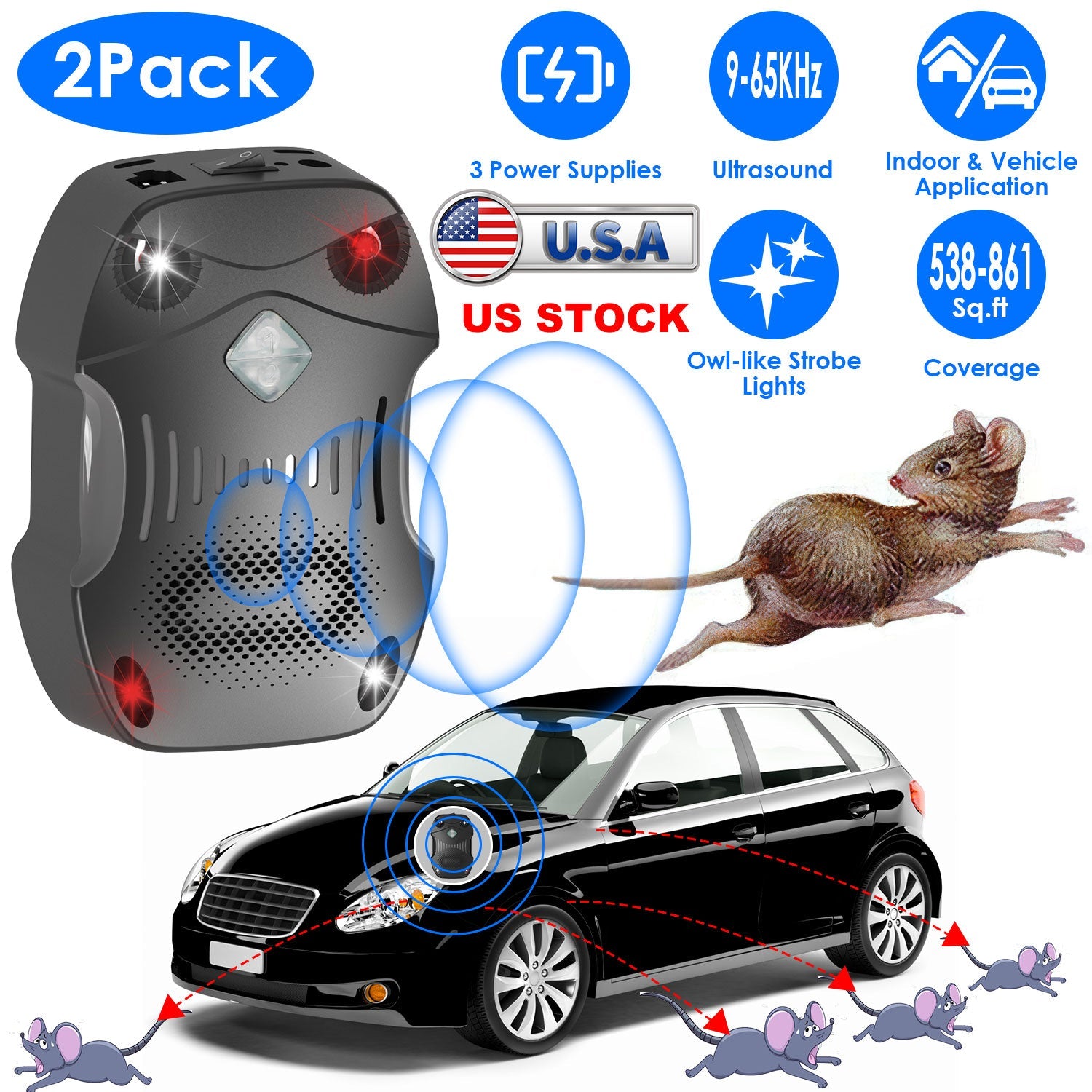 Under Hood Ultrasonic Rodent Repeller for Vehicle 2 Pack