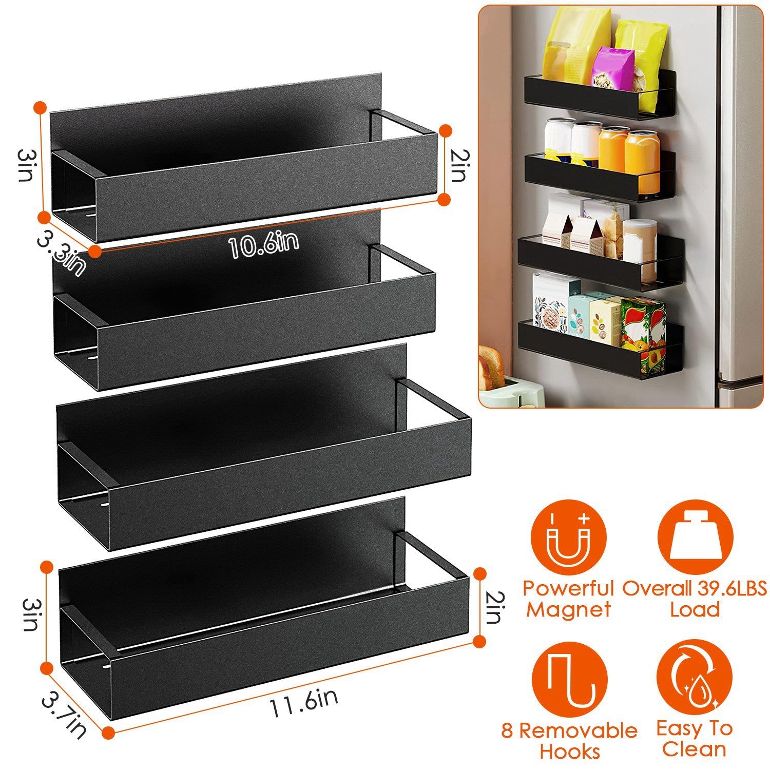 Magnetic Spice Rack with 8 Removable Hooks for Kitchen