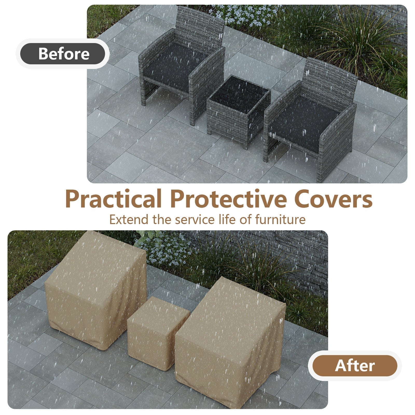 Patio Furniture Covers Waterproof Outdoor Conversation Covers for 3 Pieces Bistro Set-Beige